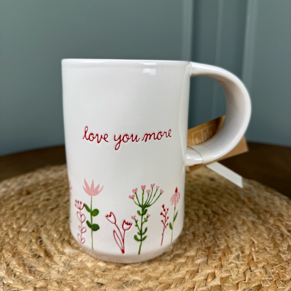 Rae Dunn White Mug with Pink and Red Floral Design